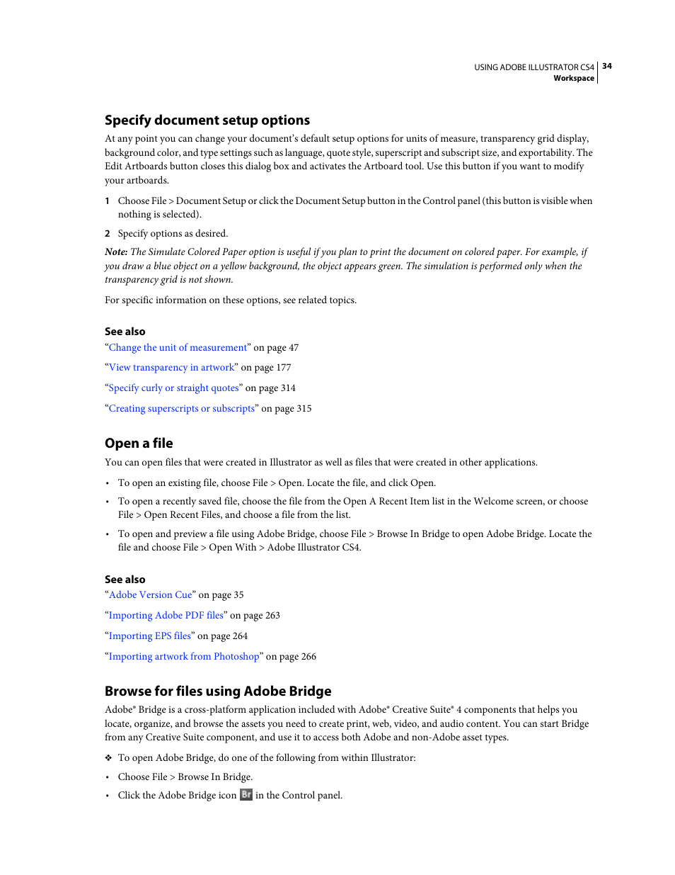 Specify document setup options, Open a file, Browse for files using adobe bridge | Adobe Illustrator CS4 User Manual | Page 41 / 499