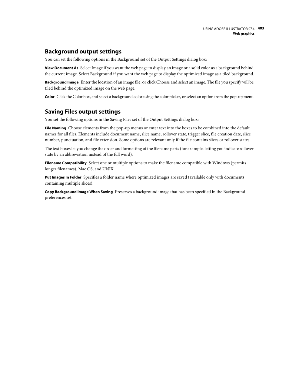 Background output settings, Saving files output settings | Adobe Illustrator CS4 User Manual | Page 410 / 499