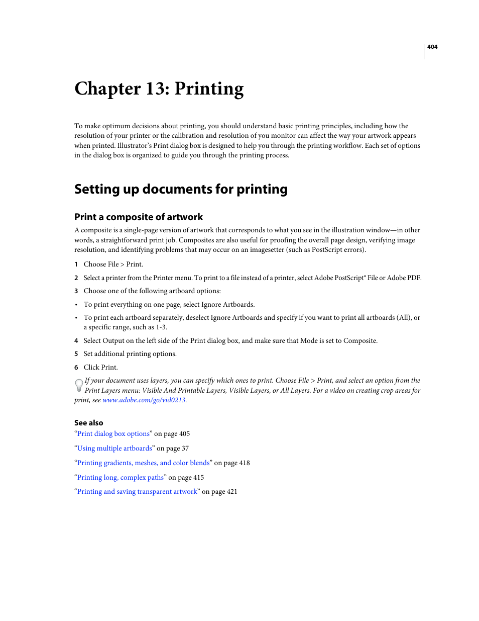 Chapter 13: printing, Setting up documents for printing, Print a composite of artwork | Adobe Illustrator CS4 User Manual | Page 411 / 499