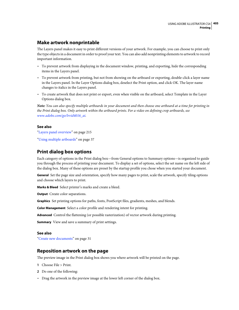 Make artwork nonprintable, Print dialog box options, Reposition artwork on the page | Adobe Illustrator CS4 User Manual | Page 412 / 499