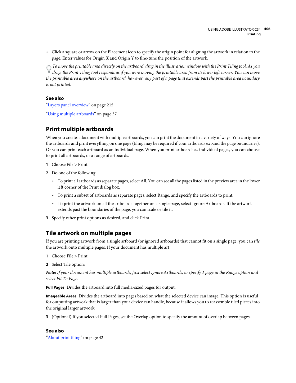 Print multiple artboards, Tile artwork on multiple pages | Adobe Illustrator CS4 User Manual | Page 413 / 499