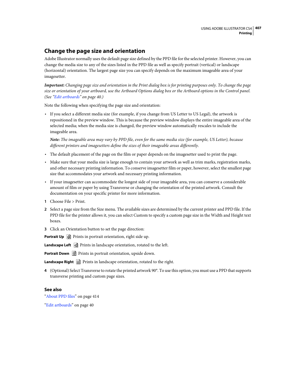 Change the page size and orientation | Adobe Illustrator CS4 User Manual | Page 414 / 499