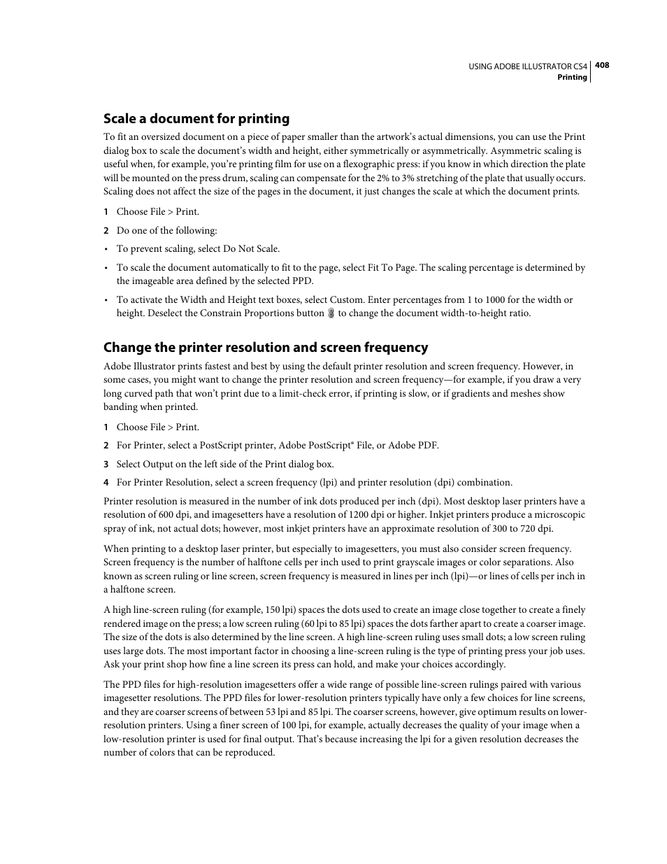 Scale a document for printing, Change the printer resolution and screen frequency | Adobe Illustrator CS4 User Manual | Page 415 / 499