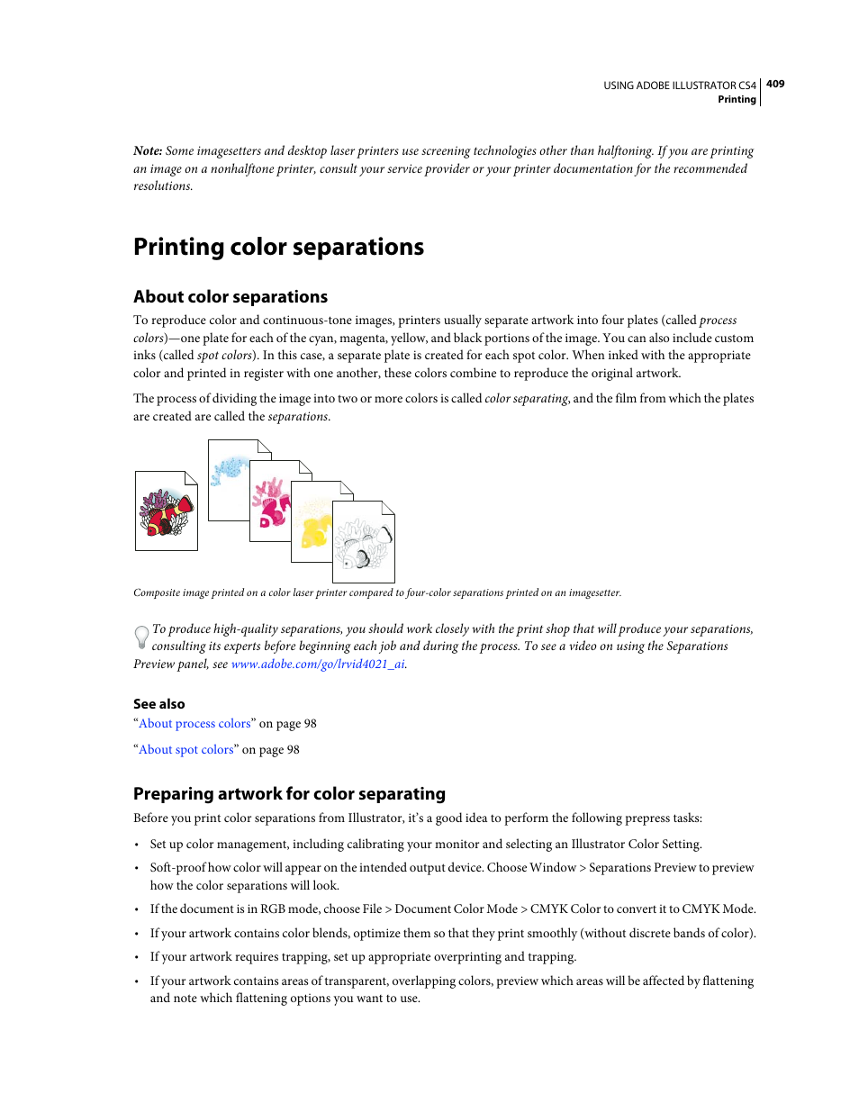 Printing color separations, About color separations, Preparing artwork for color separating | Adobe Illustrator CS4 User Manual | Page 416 / 499