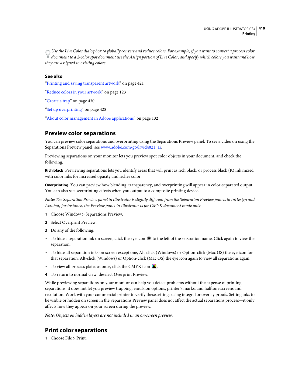 Preview color separations, Print color separations, Preview color | Separations | Adobe Illustrator CS4 User Manual | Page 417 / 499