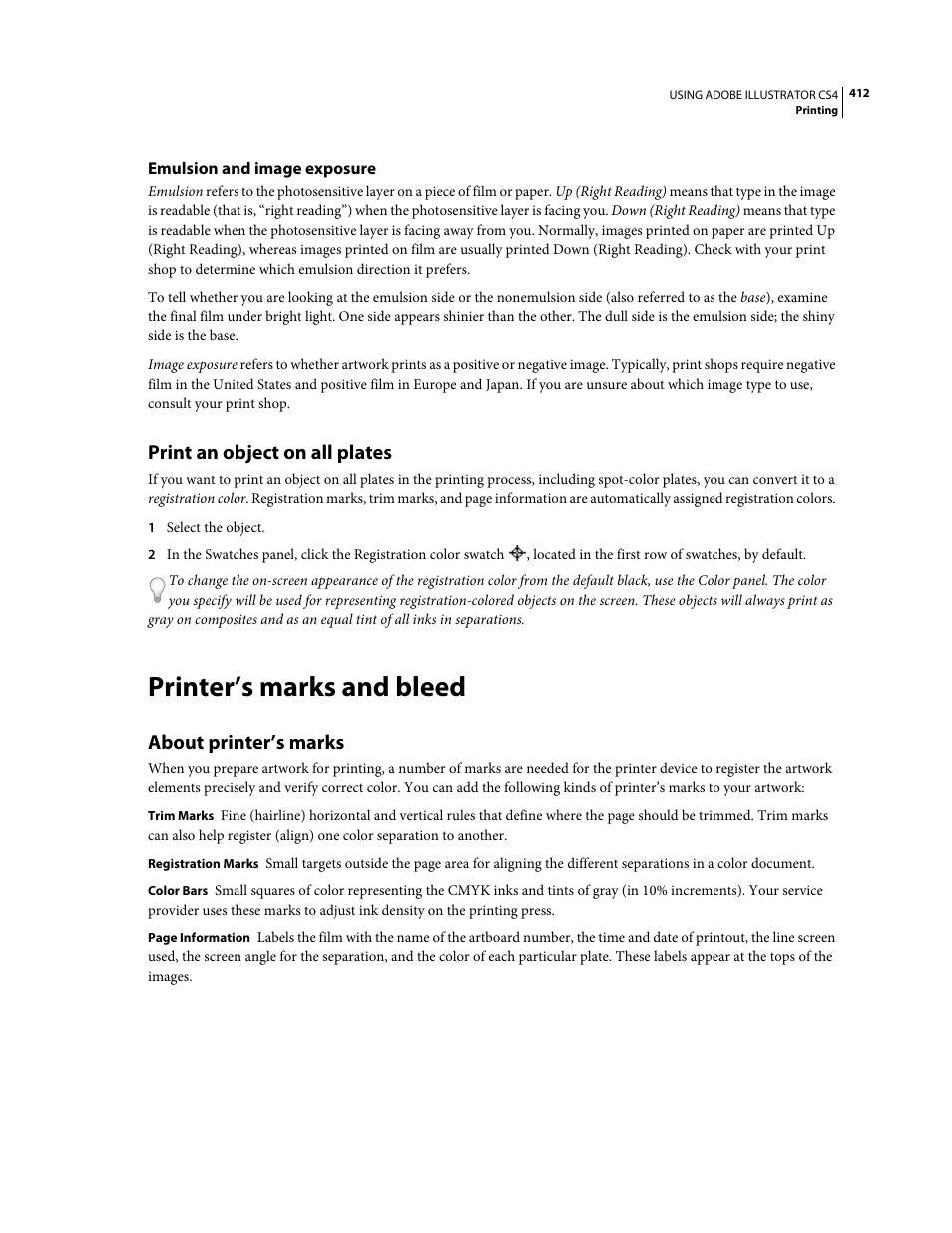 Emulsion and image exposure, Print an object on all plates, Printer’s marks and bleed | About printer’s marks | Adobe Illustrator CS4 User Manual | Page 419 / 499