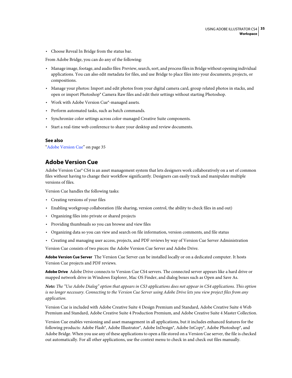 Adobe version cue, Adobe version | Adobe Illustrator CS4 User Manual | Page 42 / 499