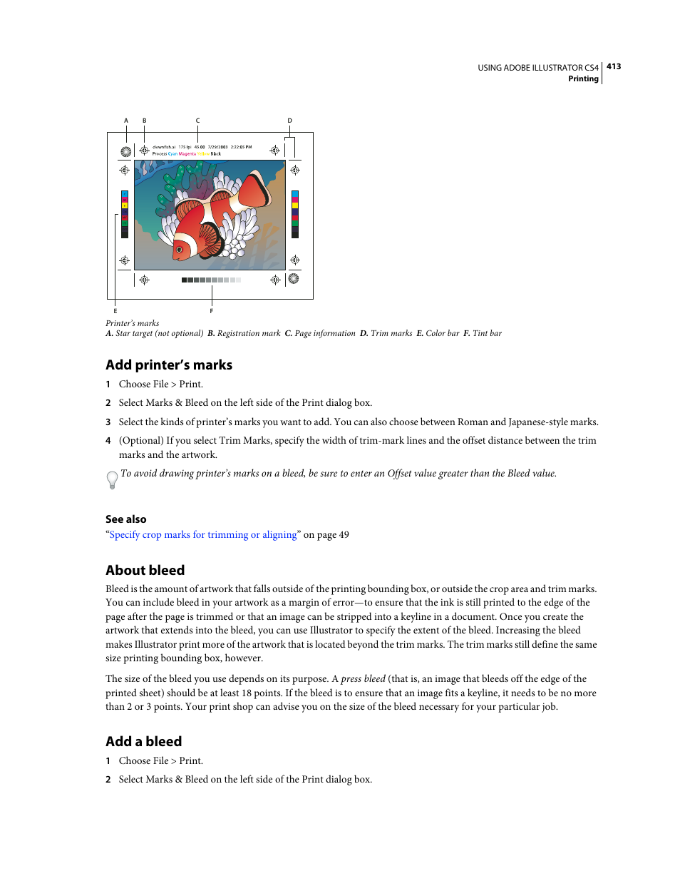 Add printer’s marks, About bleed, Add a bleed | Adobe Illustrator CS4 User Manual | Page 420 / 499