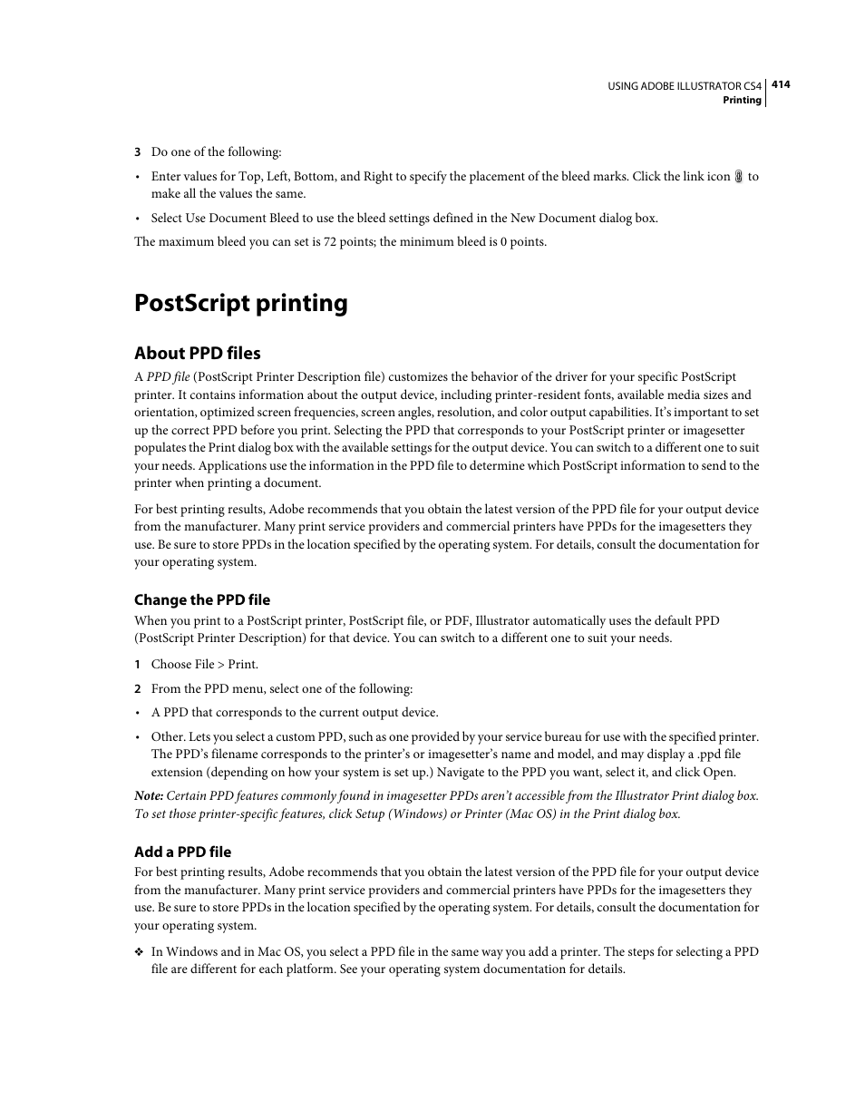 Postscript printing, About ppd files, Change the ppd file | Add a ppd file | Adobe Illustrator CS4 User Manual | Page 421 / 499