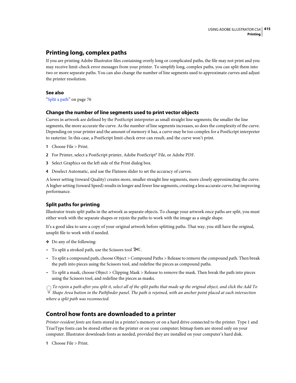 Printing long, complex paths, Split paths for printing, Control how fonts are downloaded to a printer | Adobe Illustrator CS4 User Manual | Page 422 / 499