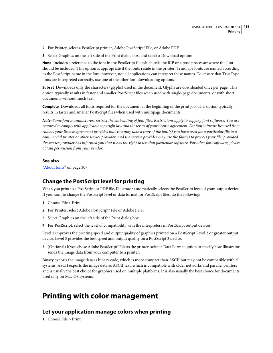 Change the postscript level for printing, Printing with color management, Let your application manage colors when printing | Adobe Illustrator CS4 User Manual | Page 423 / 499