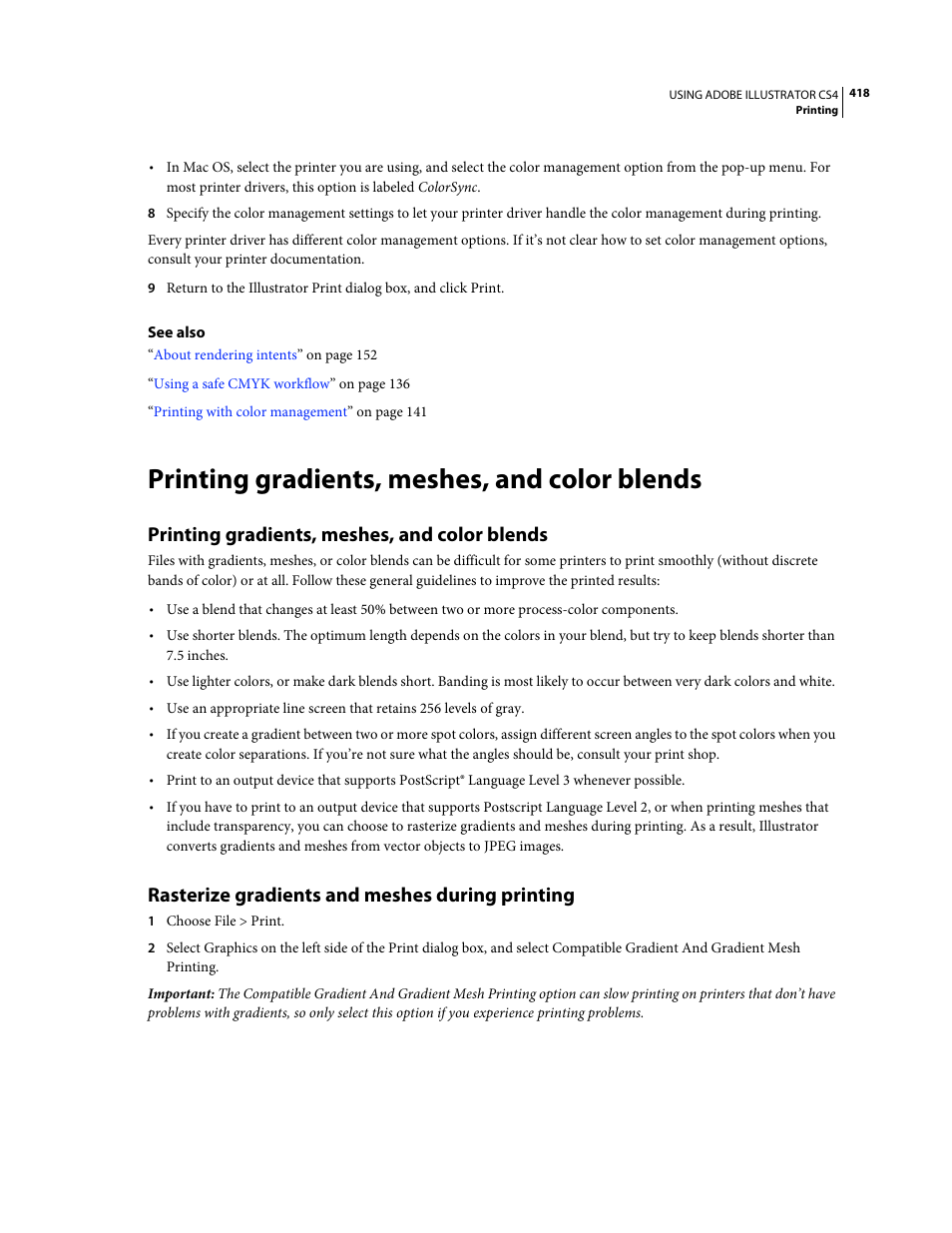 Printing gradients, meshes, and color blends, Rasterize gradients and meshes during printing | Adobe Illustrator CS4 User Manual | Page 425 / 499