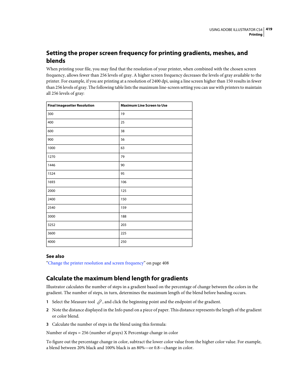 Calculate the maximum blend length for gradients | Adobe Illustrator CS4 User Manual | Page 426 / 499