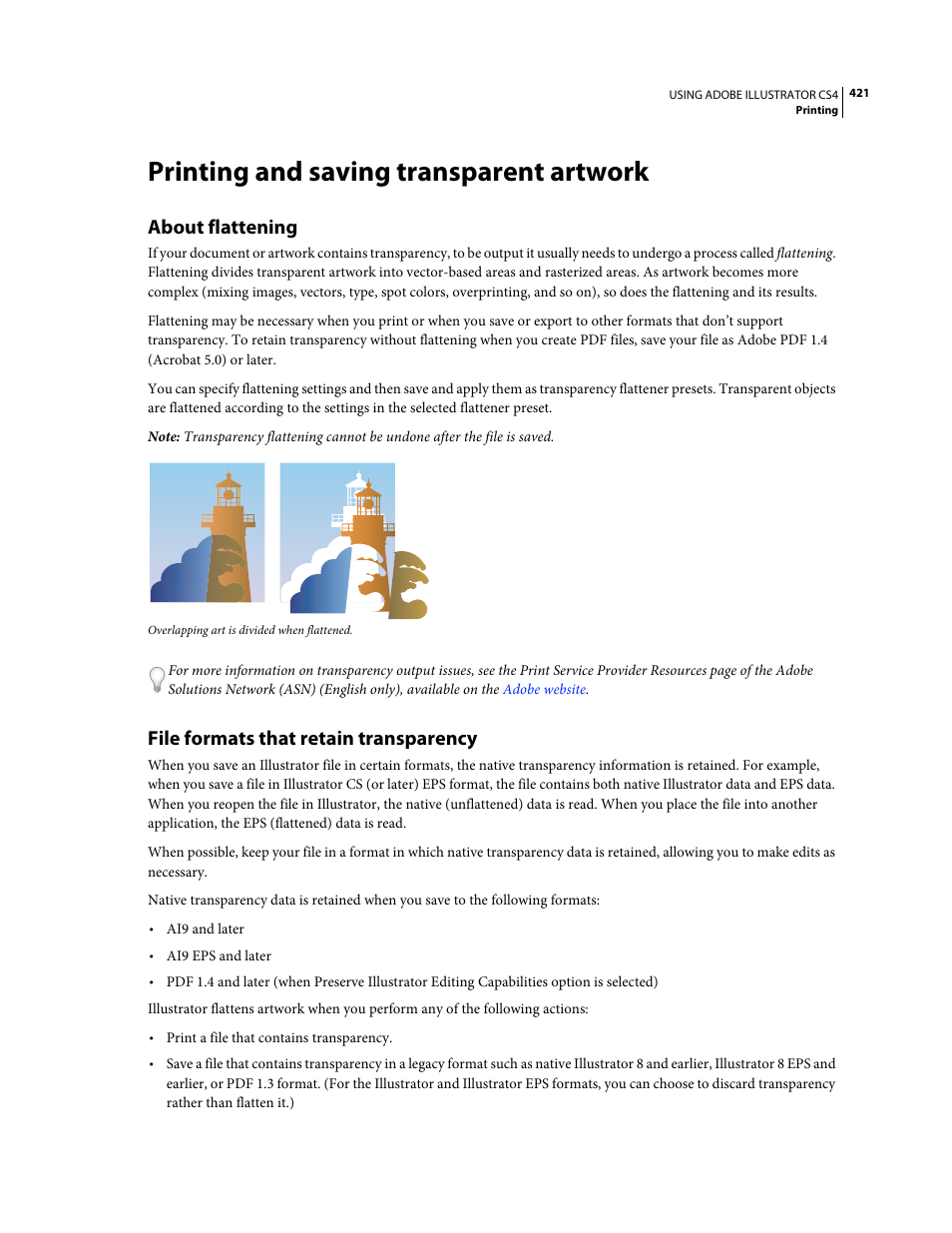 Printing and saving transparent artwork, About flattening, File formats that retain transparency | Adobe Illustrator CS4 User Manual | Page 428 / 499