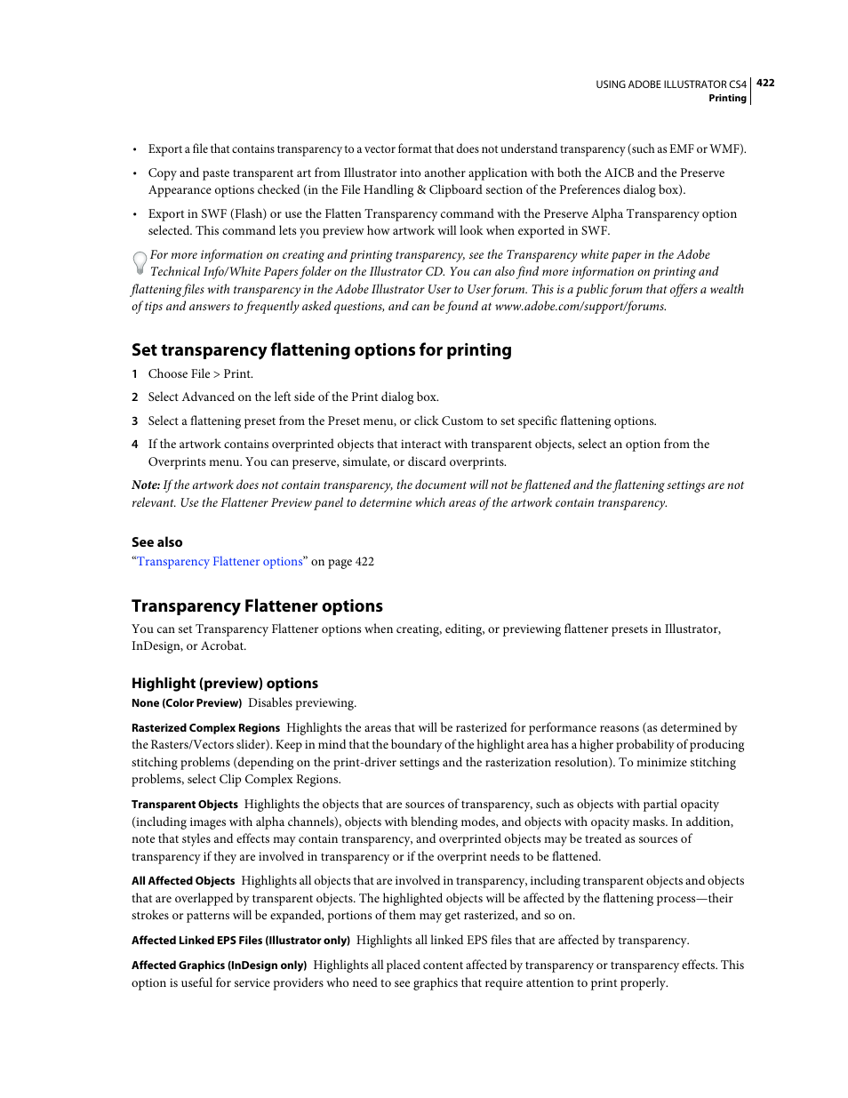 Set transparency flattening options for printing, Transparency flattener options, Highlight (preview) options | Adobe Illustrator CS4 User Manual | Page 429 / 499