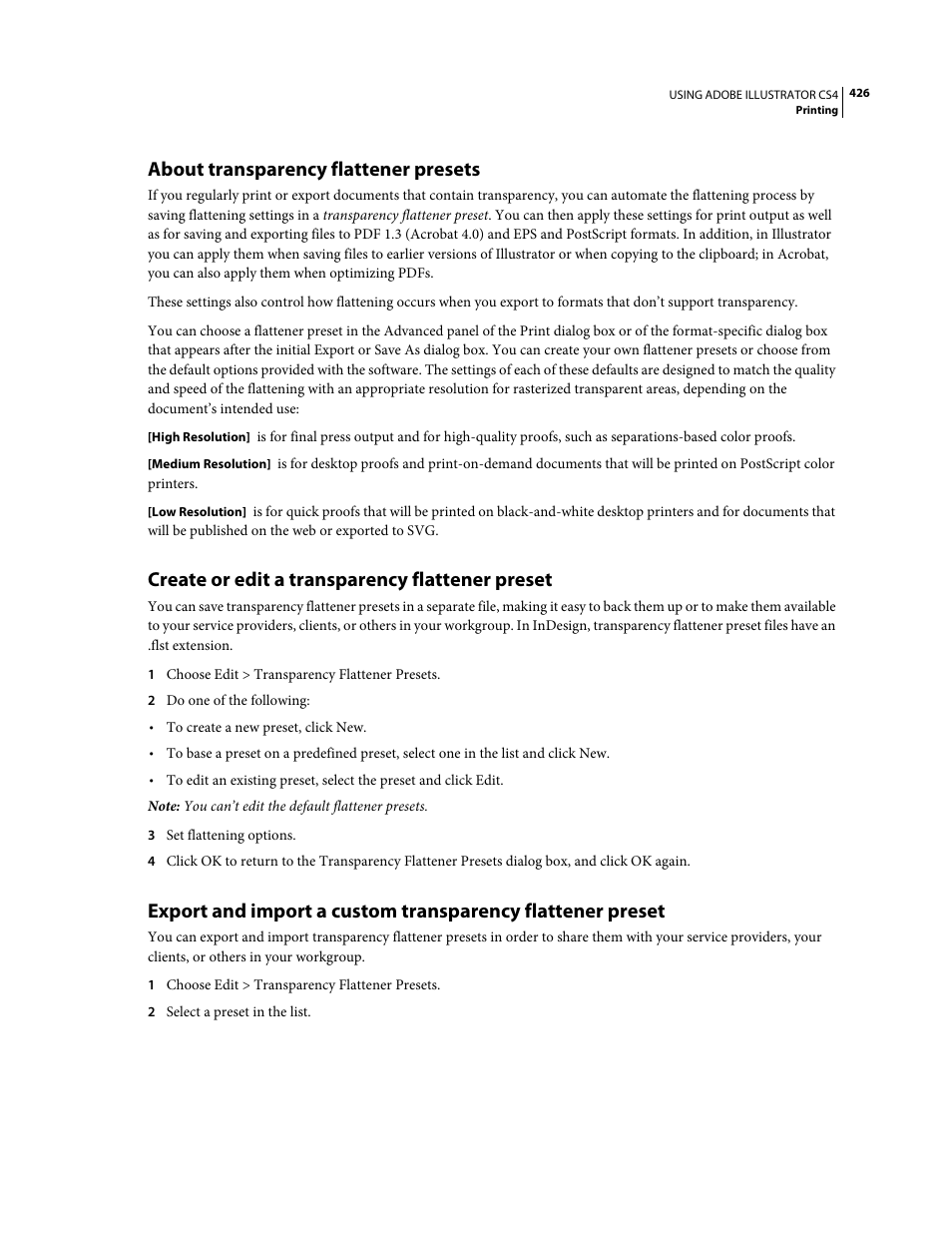 About transparency flattener presets, Create or edit a transparency flattener preset | Adobe Illustrator CS4 User Manual | Page 433 / 499