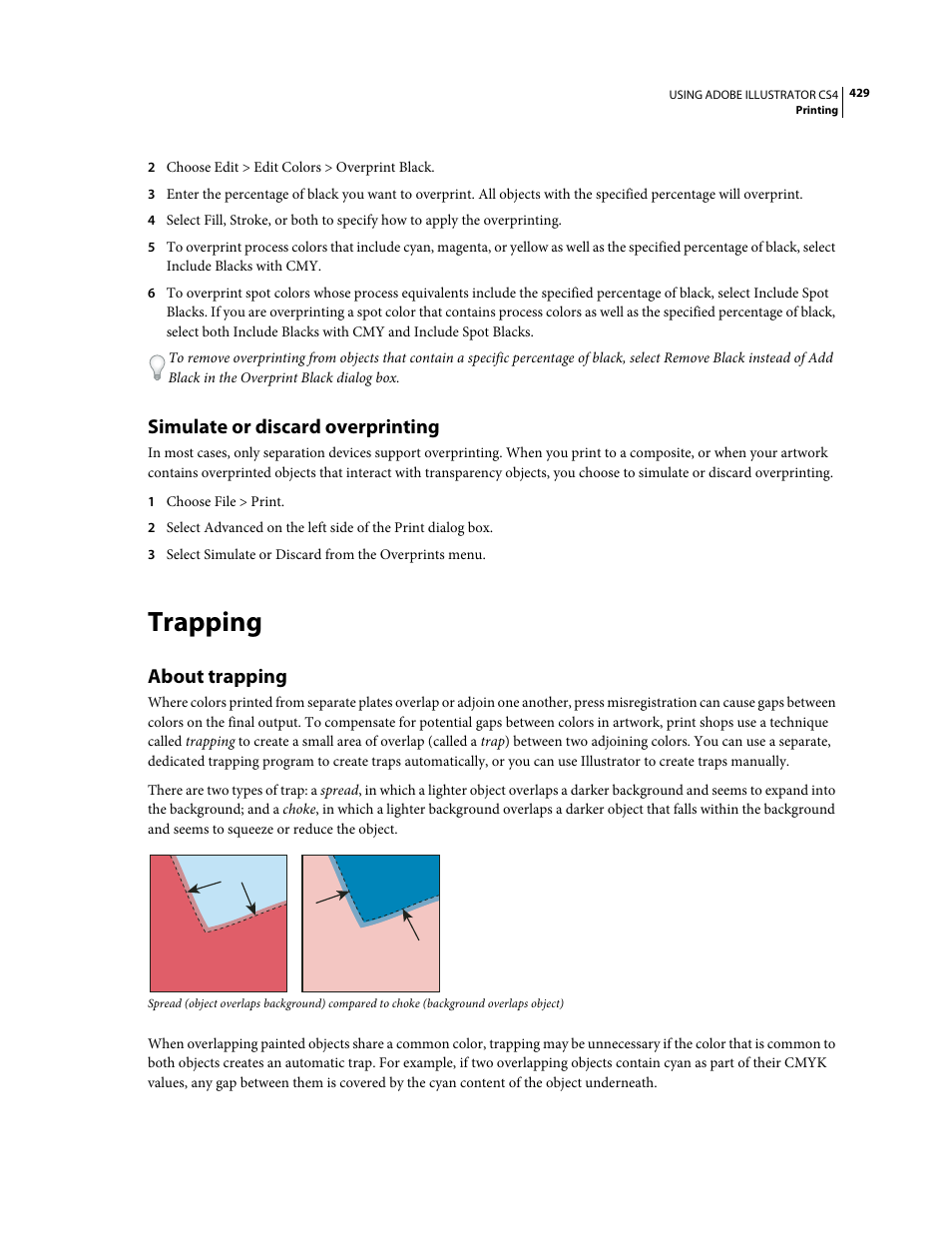 Simulate or discard overprinting, Trapping, About trapping | Adobe Illustrator CS4 User Manual | Page 436 / 499