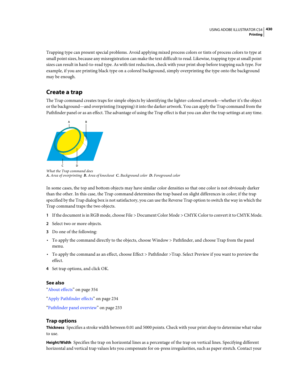 Create a trap, Trap options | Adobe Illustrator CS4 User Manual | Page 437 / 499