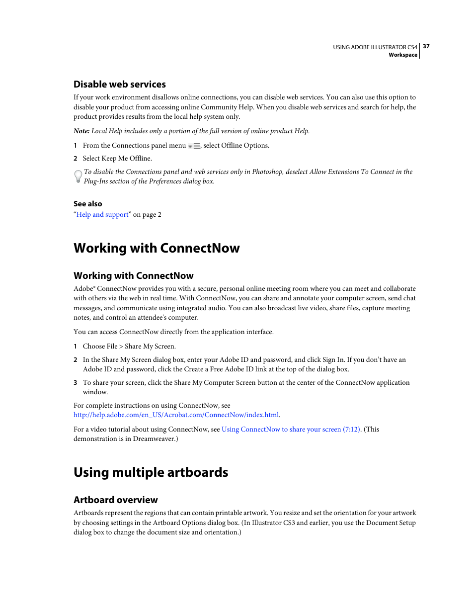 Disable web services, Working with connectnow, Using multiple artboards | Artboard overview | Adobe Illustrator CS4 User Manual | Page 44 / 499