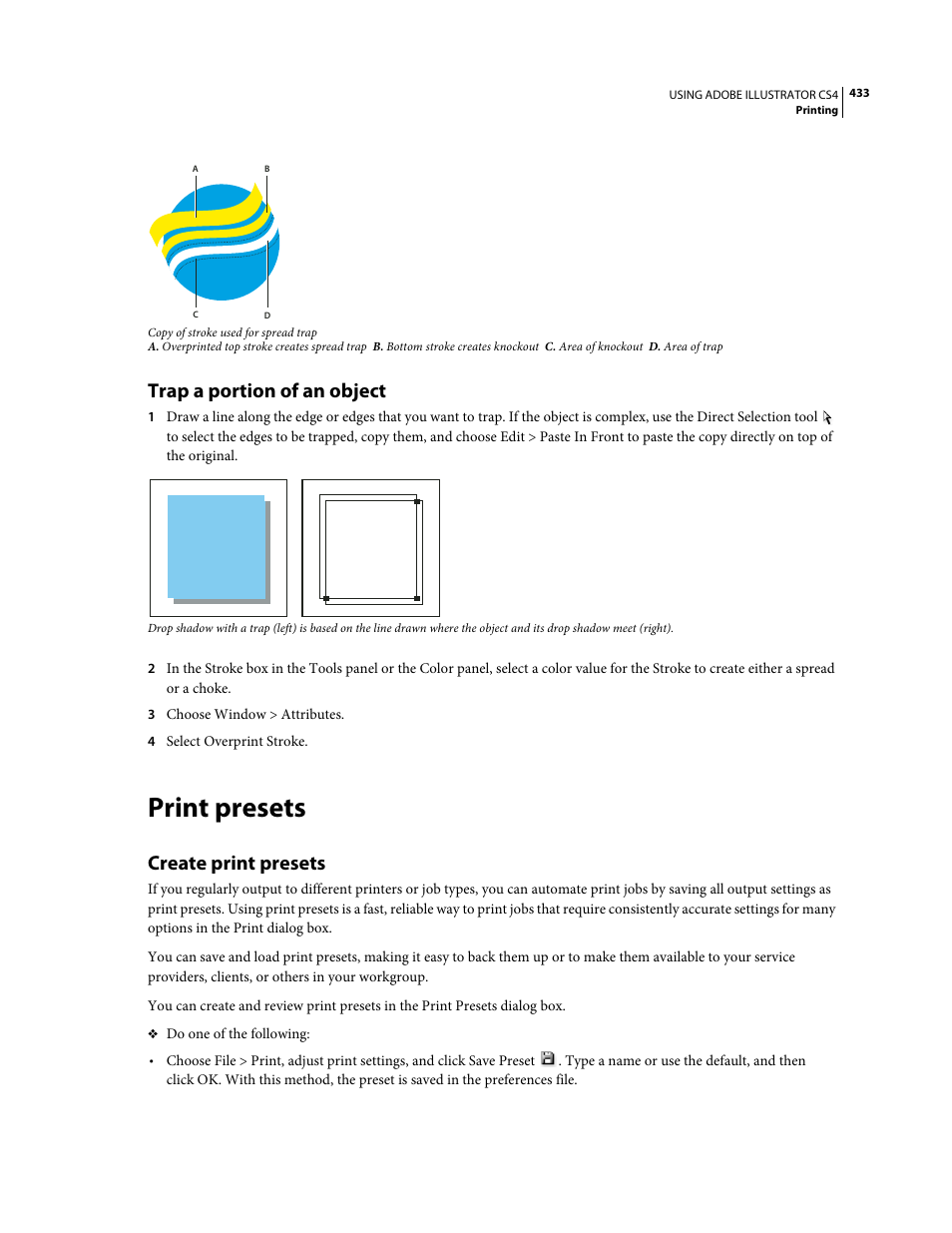 Trap a portion of an object, Print presets, Create print presets | Adobe Illustrator CS4 User Manual | Page 440 / 499