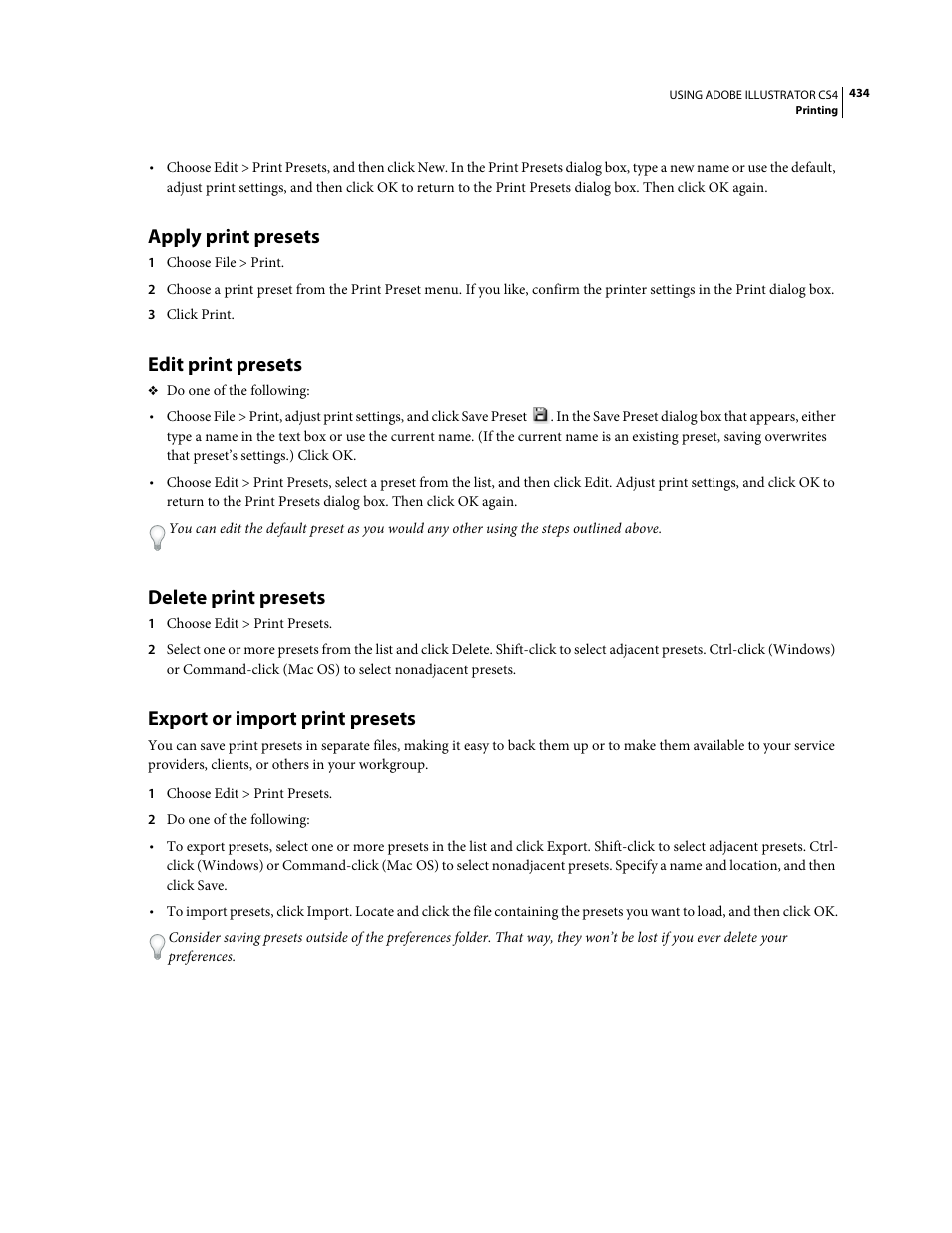 Apply print presets, Edit print presets, Delete print presets | Export or import print presets | Adobe Illustrator CS4 User Manual | Page 441 / 499