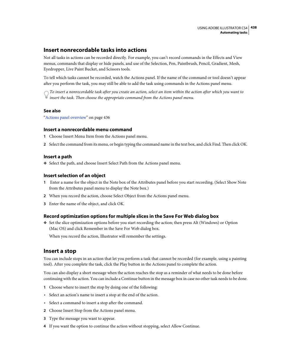 Insert nonrecordable tasks into actions, Insert a nonrecordable menu command, Insert a path | Insert selection of an object, Insert a stop | Adobe Illustrator CS4 User Manual | Page 445 / 499