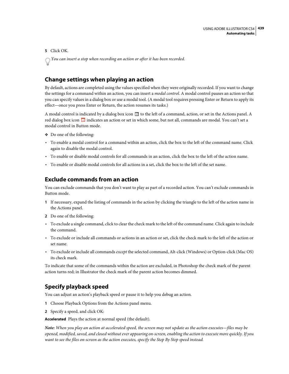 Change settings when playing an action, Exclude commands from an action, Specify playback speed | Adobe Illustrator CS4 User Manual | Page 446 / 499