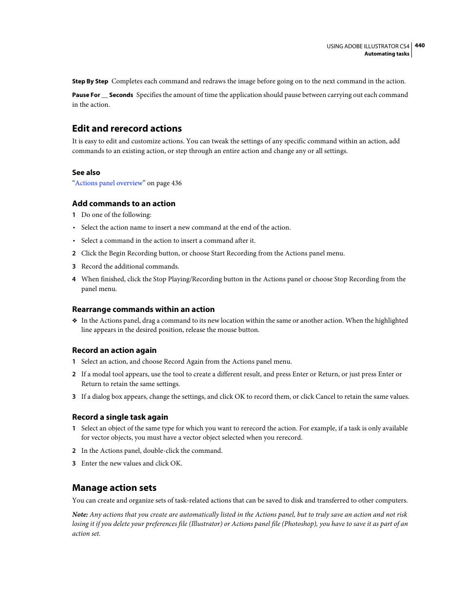 Edit and rerecord actions, Add commands to an action, Rearrange commands within an action | Record an action again, Record a single task again, Manage action sets | Adobe Illustrator CS4 User Manual | Page 447 / 499