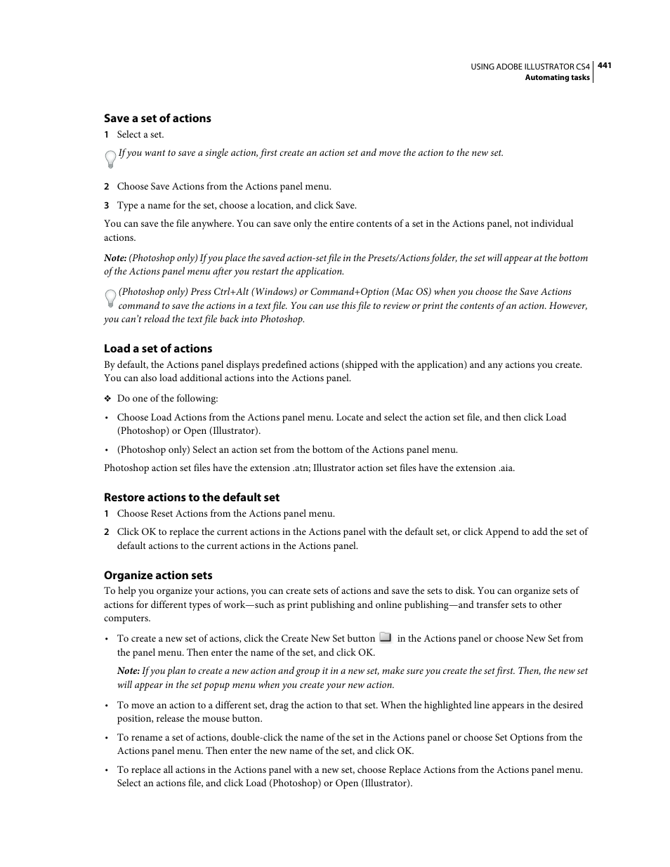 Save a set of actions, Load a set of actions, Restore actions to the default set | Organize action sets | Adobe Illustrator CS4 User Manual | Page 448 / 499