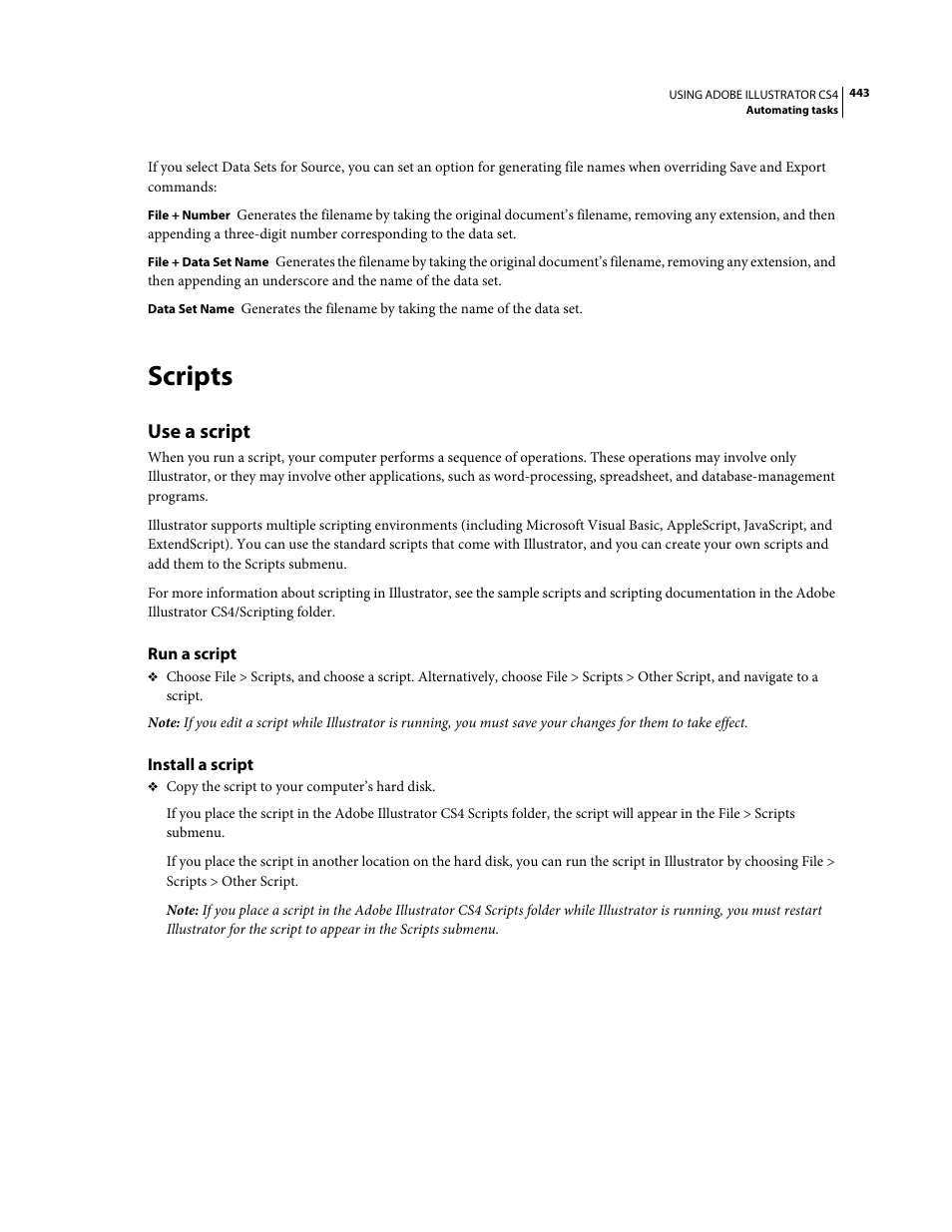 Scripts, Use a script, Run a script | Install a script | Adobe Illustrator CS4 User Manual | Page 450 / 499