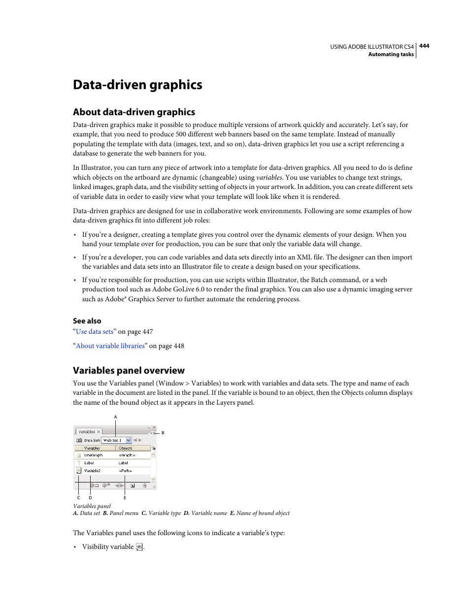 Data-driven graphics, About data-driven graphics, Variables panel overview | Adobe Illustrator CS4 User Manual | Page 451 / 499