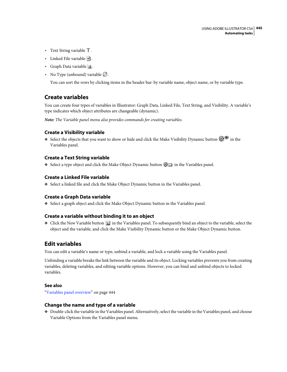 Create variables, Create a visibility variable, Create a text string variable | Create a linked file variable, Create a graph data variable, Create a variable without binding it to an object, Edit variables, Change the name and type of a variable | Adobe Illustrator CS4 User Manual | Page 452 / 499