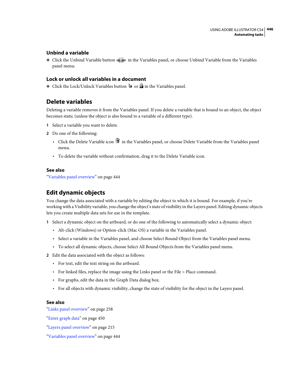 Unbind a variable, Lock or unlock all variables in a document, Delete variables | Edit dynamic objects | Adobe Illustrator CS4 User Manual | Page 453 / 499