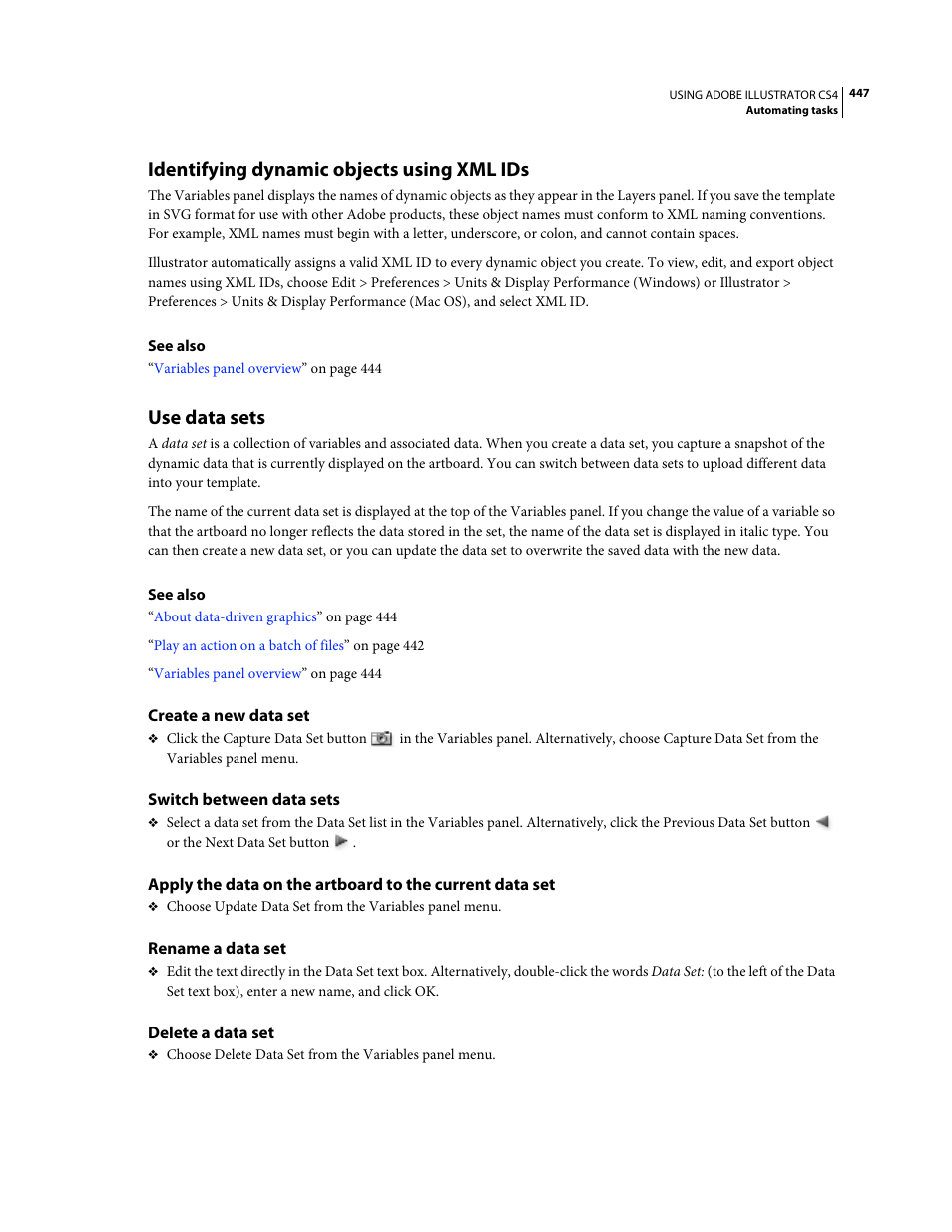 Identifying dynamic objects using xml ids, Use data sets, Create a new data set | Switch between data sets, Rename a data set, Delete a data set | Adobe Illustrator CS4 User Manual | Page 454 / 499