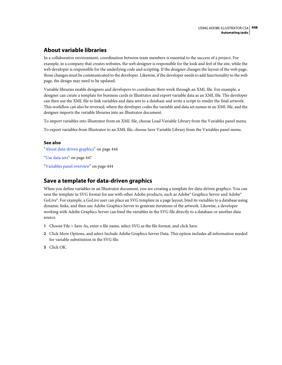 About variable libraries, Save a template for data-driven graphics | Adobe Illustrator CS4 User Manual | Page 455 / 499