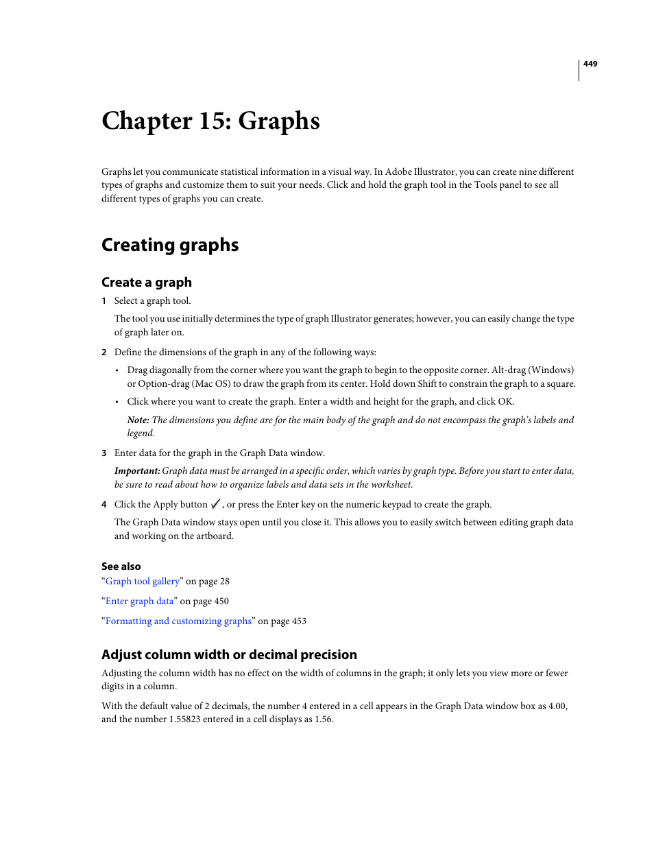 Chapter 15: graphs, Creating graphs, Create a graph | Adjust column width or decimal precision | Adobe Illustrator CS4 User Manual | Page 456 / 499