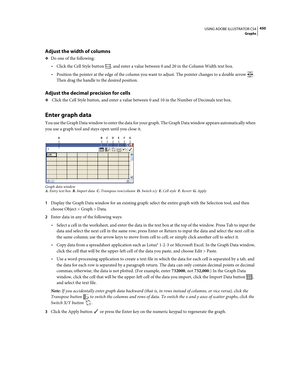 Adjust the width of columns, Adjust the decimal precision for cells, Enter graph data | Adobe Illustrator CS4 User Manual | Page 457 / 499