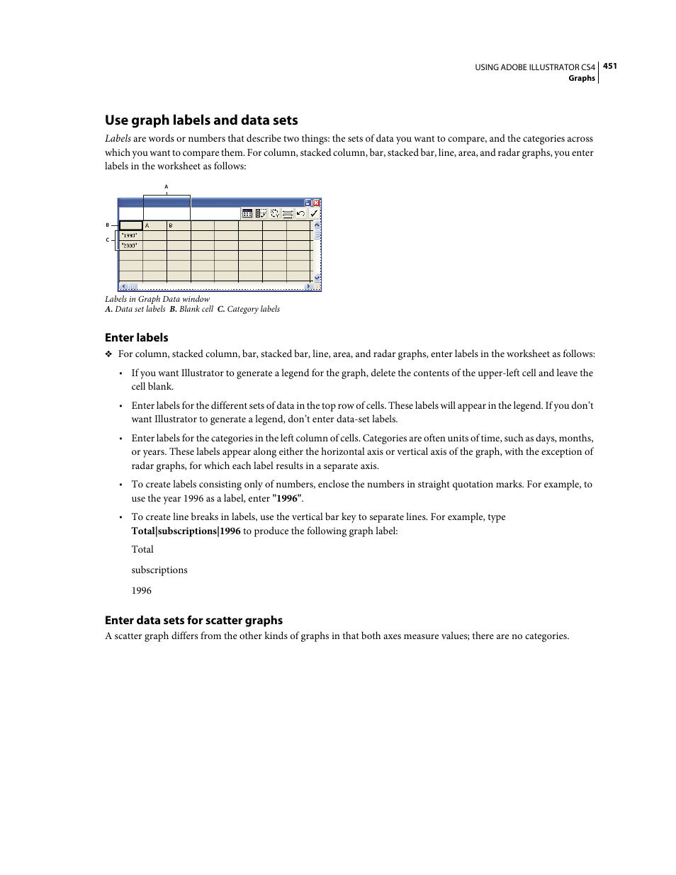 Use graph labels and data sets, Enter labels, Enter data sets for scatter graphs | Adobe Illustrator CS4 User Manual | Page 458 / 499