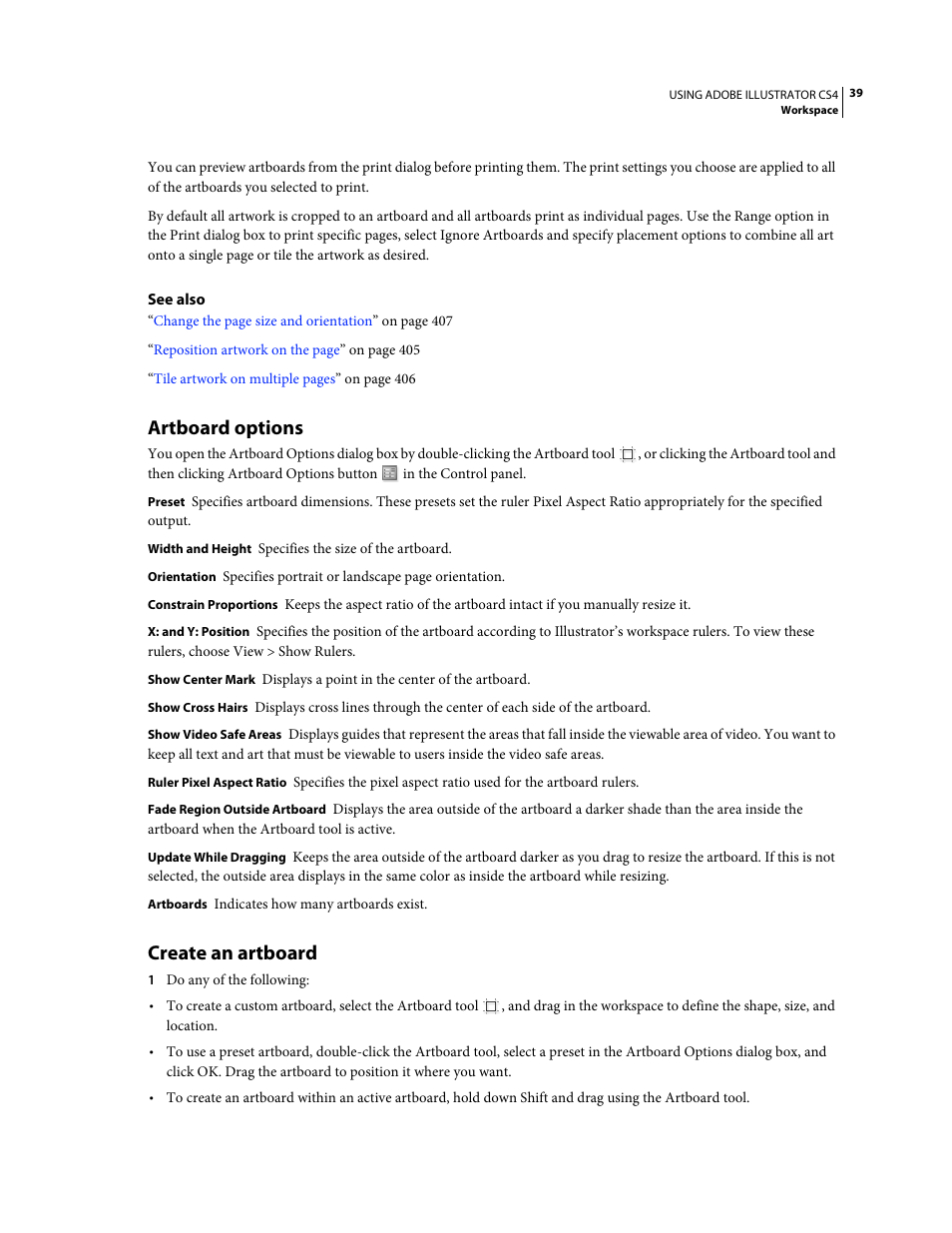 Artboard options, Create an artboard | Adobe Illustrator CS4 User Manual | Page 46 / 499