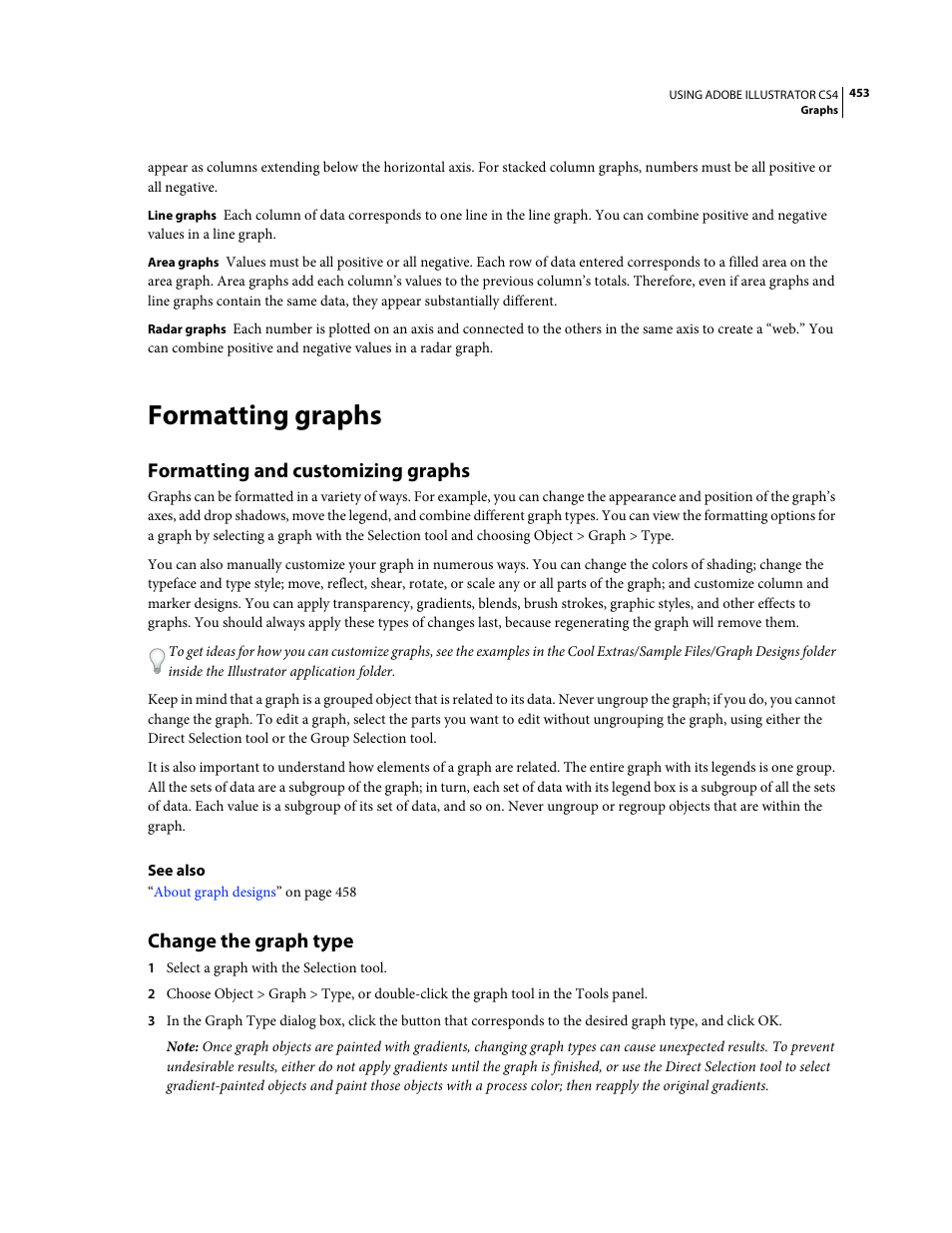 Formatting graphs, Formatting and customizing graphs, Change the graph type | Adobe Illustrator CS4 User Manual | Page 460 / 499