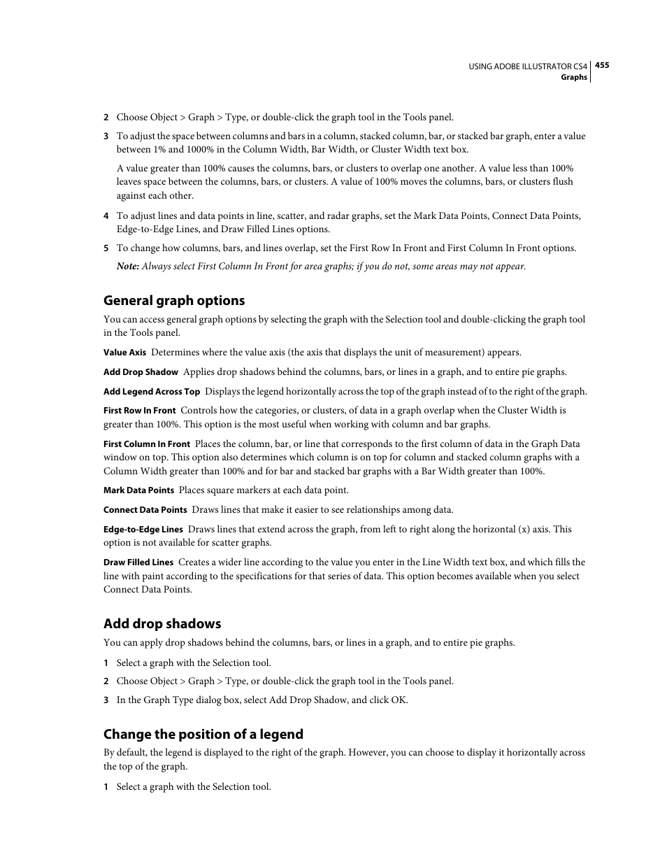 General graph options, Add drop shadows, Change the position of a legend | Adobe Illustrator CS4 User Manual | Page 462 / 499