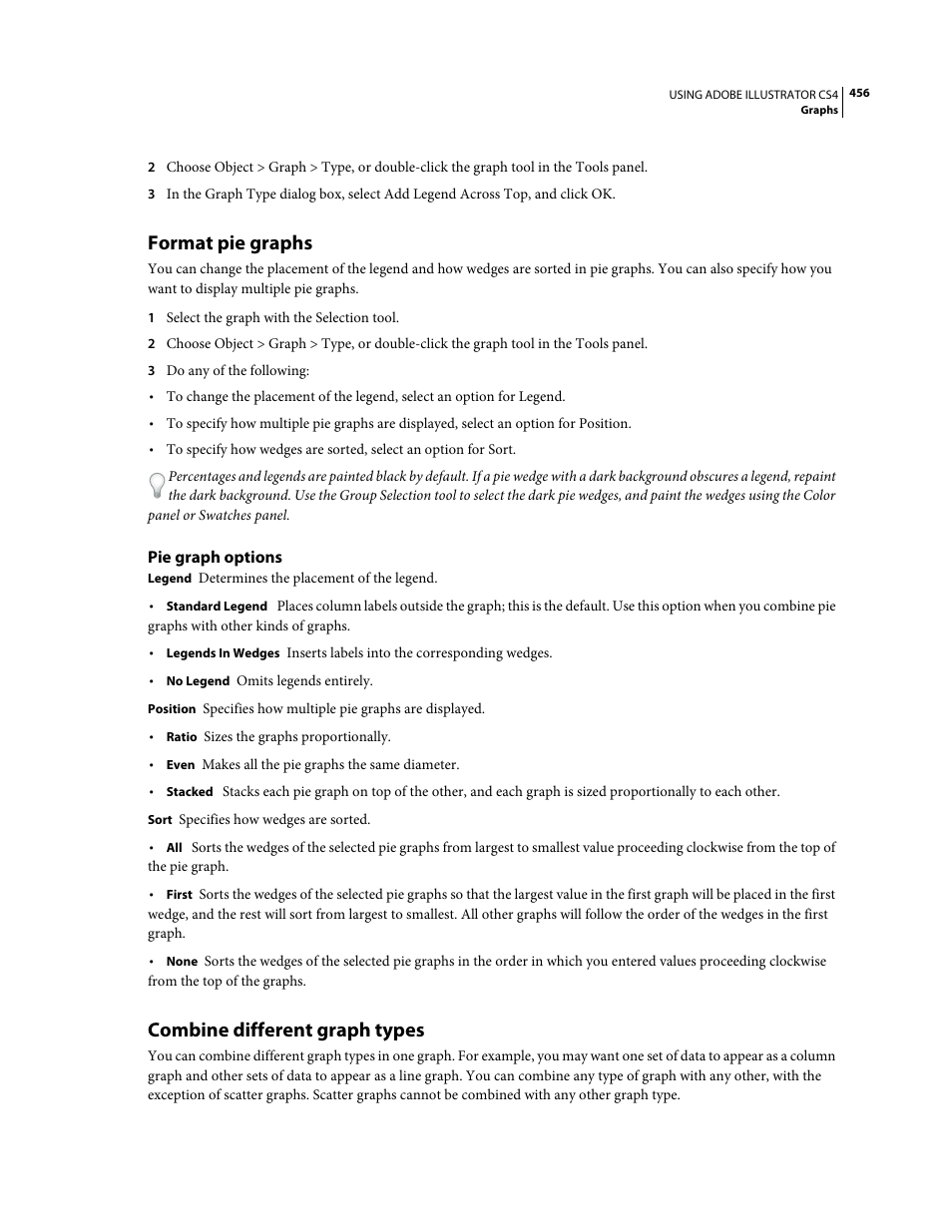 Format pie graphs, Pie graph options, Combine different graph types | Adobe Illustrator CS4 User Manual | Page 463 / 499