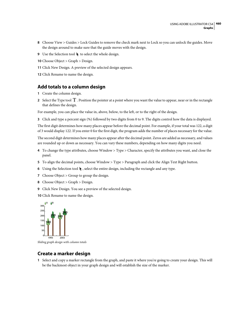 Add totals to a column design, Create a marker design | Adobe Illustrator CS4 User Manual | Page 467 / 499