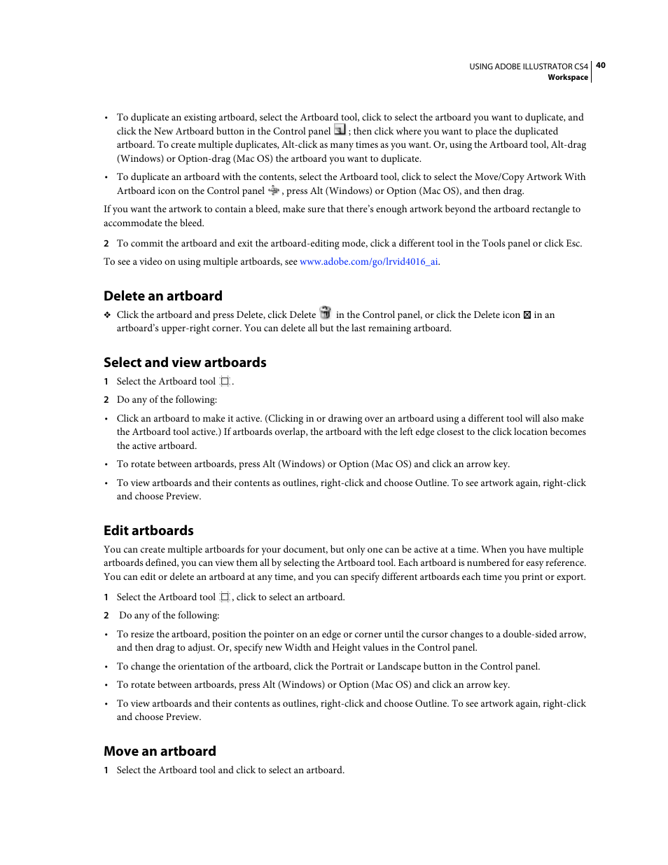 Delete an artboard, Select and view artboards, Edit artboards | Move an artboard | Adobe Illustrator CS4 User Manual | Page 47 / 499