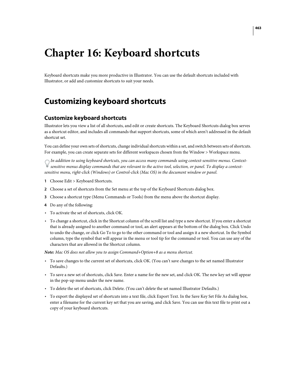Chapter 16: keyboard shortcuts, Customizing keyboard shortcuts, Customize keyboard shortcuts | Adobe Illustrator CS4 User Manual | Page 470 / 499