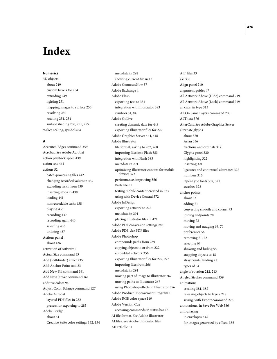 Index, Numerics | Adobe Illustrator CS4 User Manual | Page 483 / 499