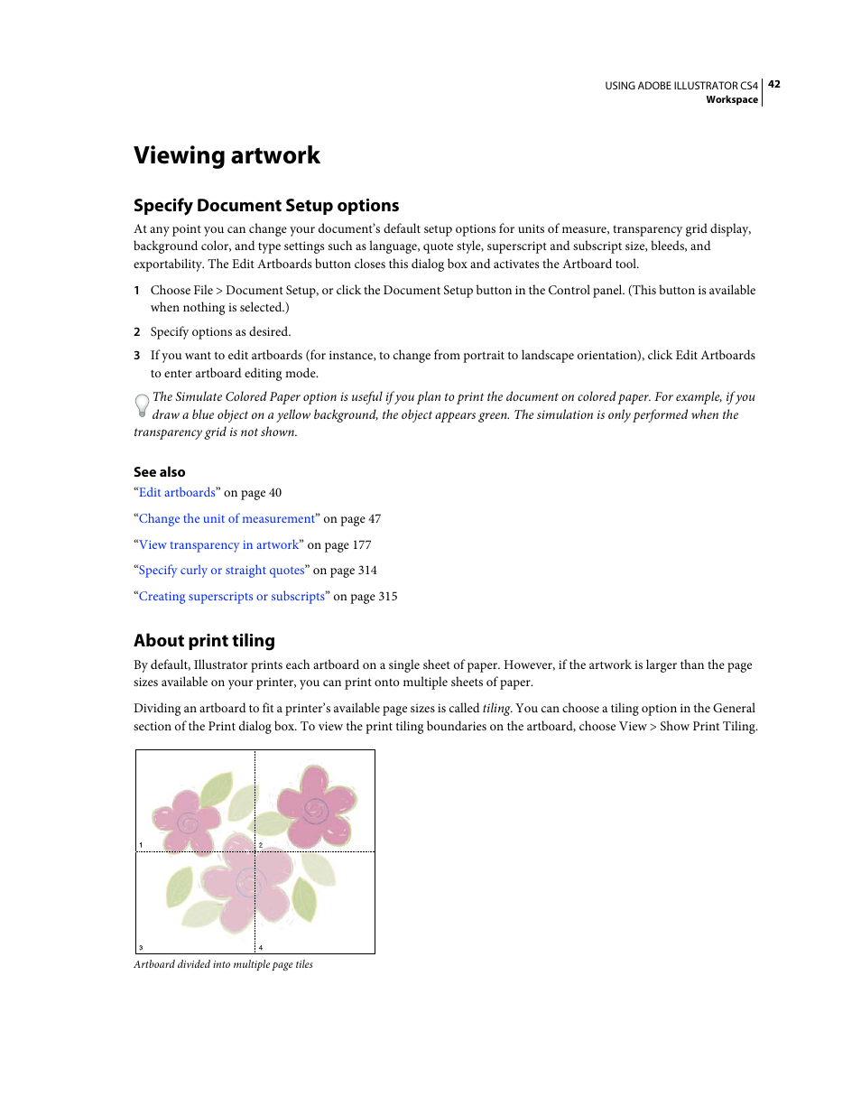 Viewing artwork, Specify document setup options, About print tiling | Adobe Illustrator CS4 User Manual | Page 49 / 499