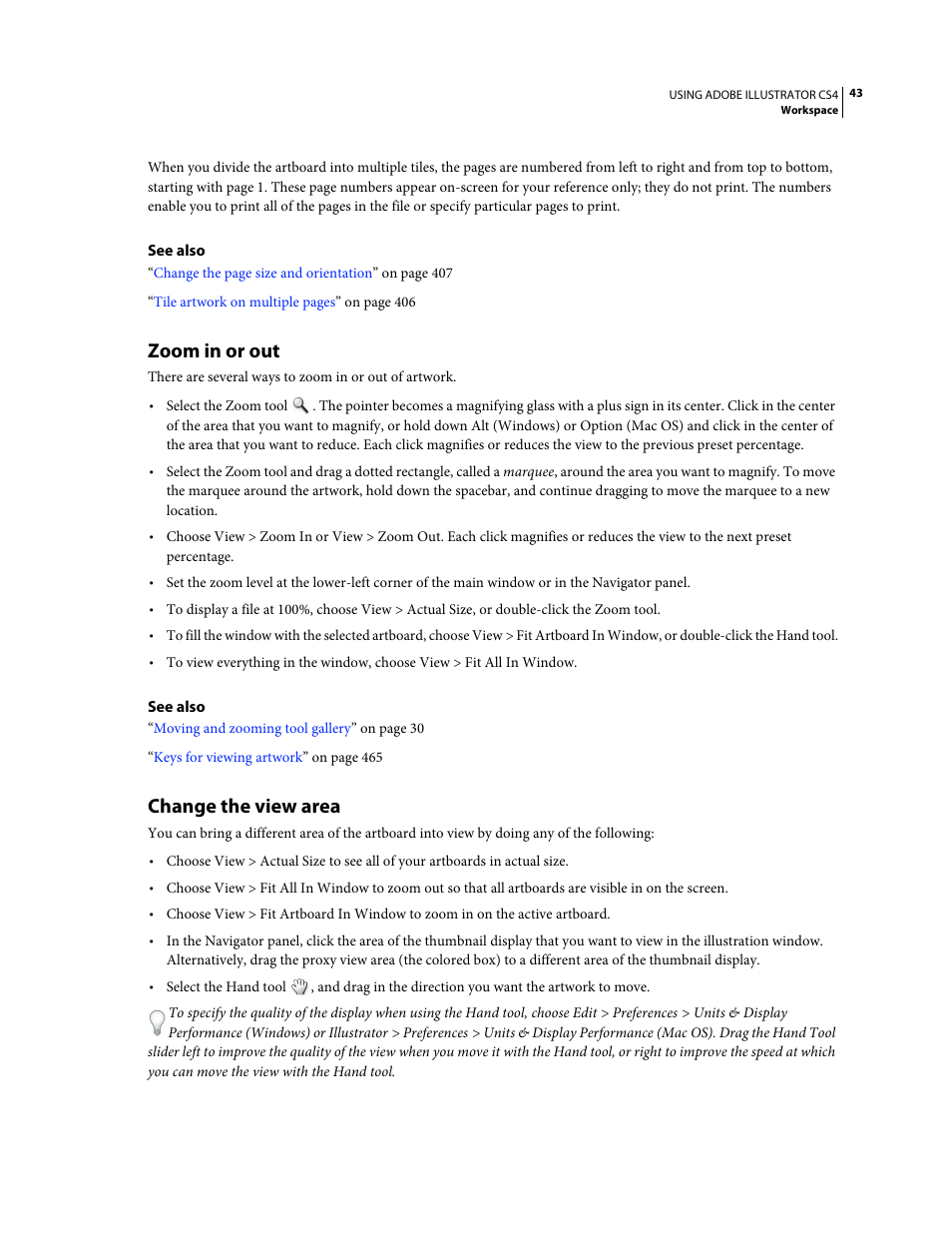 Zoom in or out, Change the view area | Adobe Illustrator CS4 User Manual | Page 50 / 499