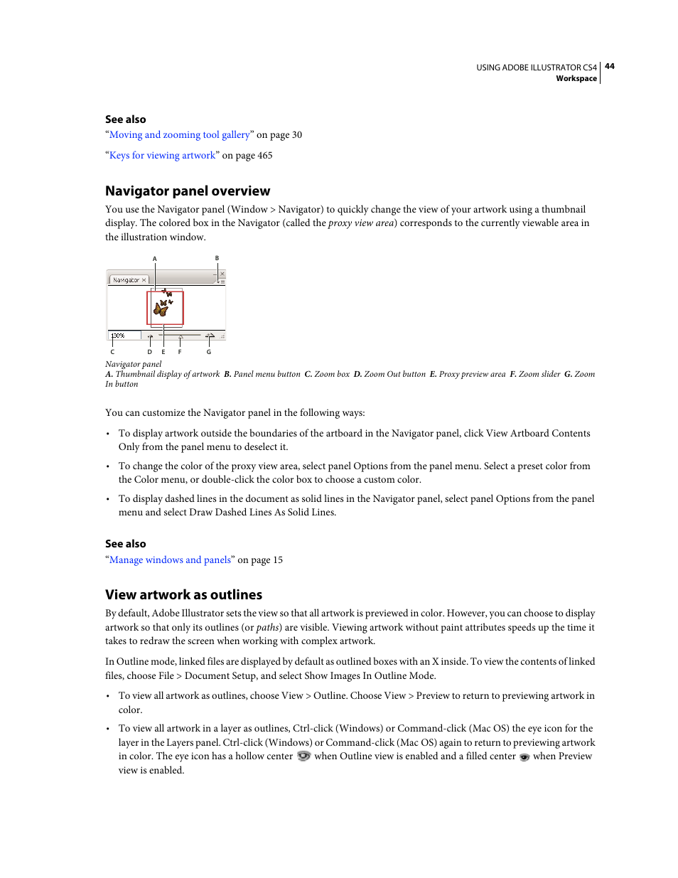 Navigator panel overview, View artwork as outlines | Adobe Illustrator CS4 User Manual | Page 51 / 499