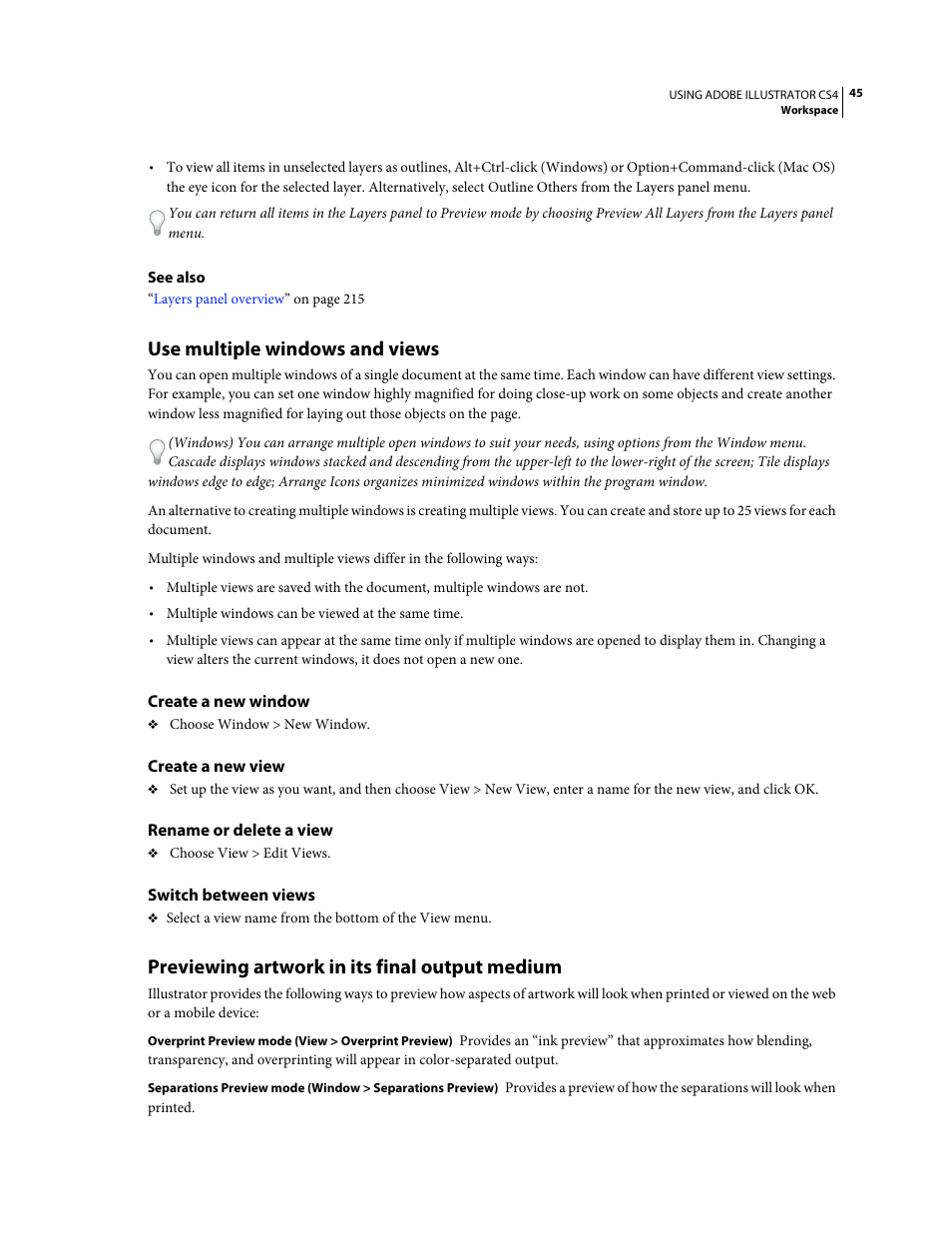 Use multiple windows and views, Create a new window, Create a new view | Rename or delete a view, Switch between views, Previewing artwork in its final output medium | Adobe Illustrator CS4 User Manual | Page 52 / 499